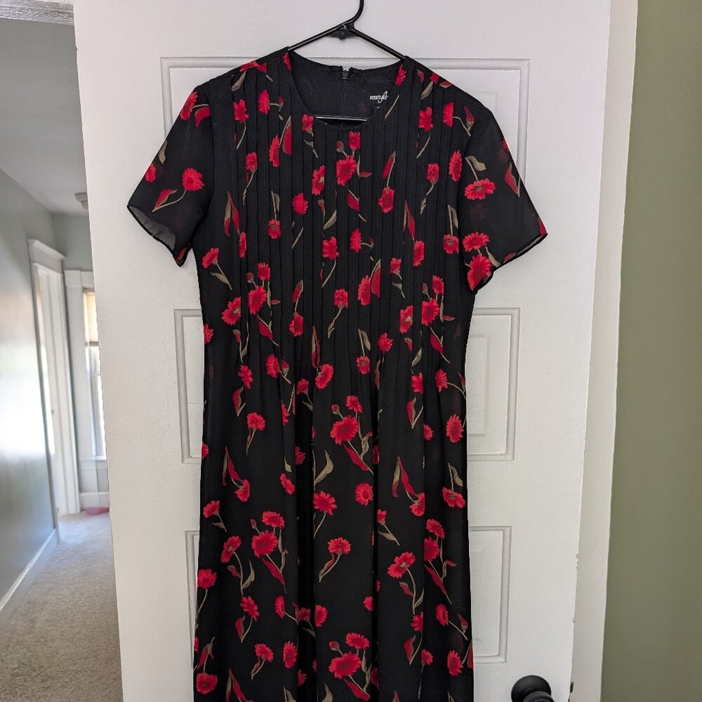 Vintage 90s Y2K Black and Red Floral Grunge Dark Fairy Dress size 8